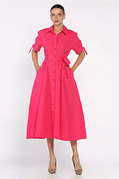 TOZLU Buttoned and Pleated Short Sleeve Long Dress