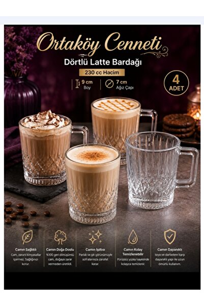 ORTAKÖYCENNETİ 4 LÜ CAM Latte Bardağı kalıteli 230 cc hacim 9 cm boyu 7 cm ça...