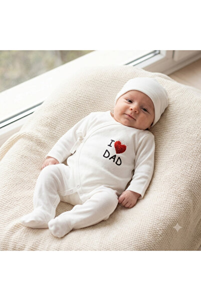 İ Love dad baskı detaylı kuruvaze patikli tulum newborn yenidoğan tulum şapka set