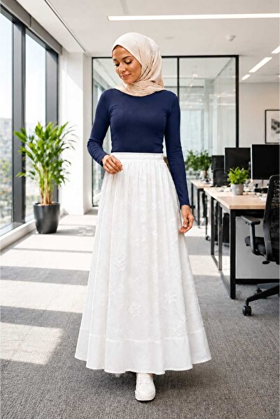 Puane Women's Floral Patterned Lace Embroidered Ecru Skirt