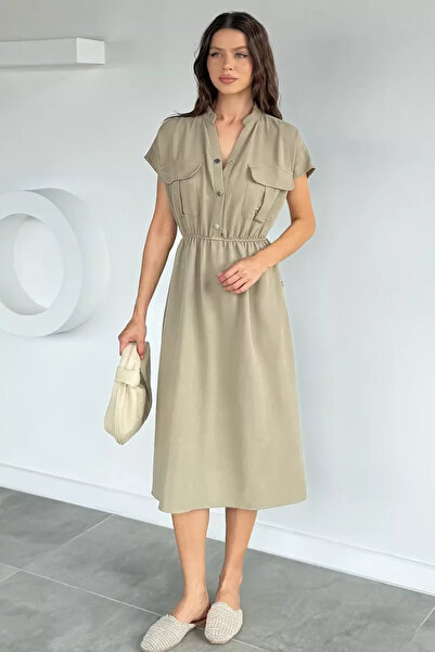 TOZLU Women's Front Snap Detailed Elastic Waist Dress