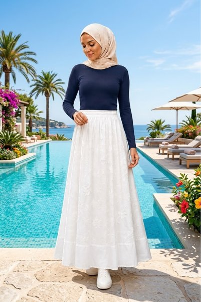 Puane Kadın ETEK Beli Lastikli Dantel İşlemeli EKRU
