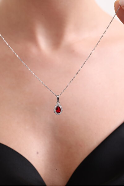 Silvano Jewelry 925 Ayar Gümüş Kırmızı Damla Taşlı Kolye