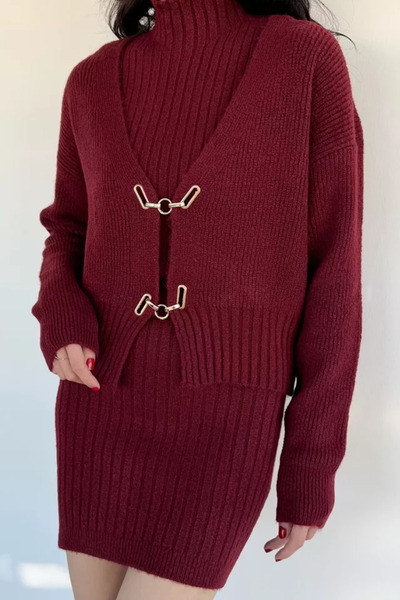 TOZLU Gülseli Women's Gold Detailed Cardigan Combination Knitwear Dress