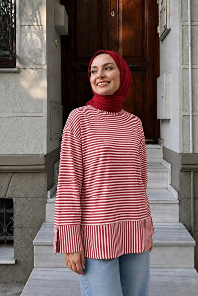 Lunfia Yırtmaçlı Çizgili Viskon Sweatshirt - Kırmızı