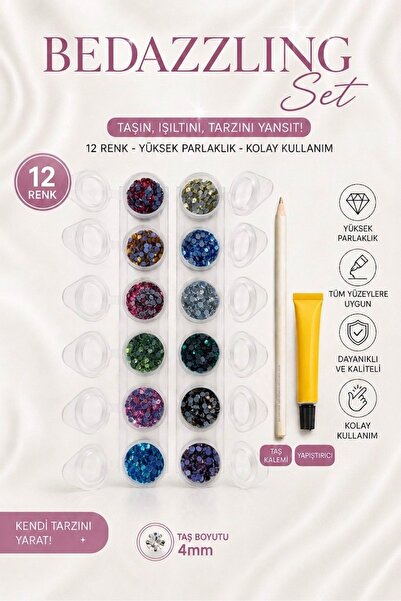 YADA Kristal Ütüyle Yapışan Taş Seti (Hotfix) - 12 Renk 180 gr (4mm SS16) + T...
