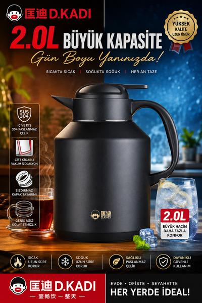 DKADI D.KADI 2 Litre Paslanmaz Çelik Vacumlu Termos -BPA Içermez Sizdirmaz Ka...