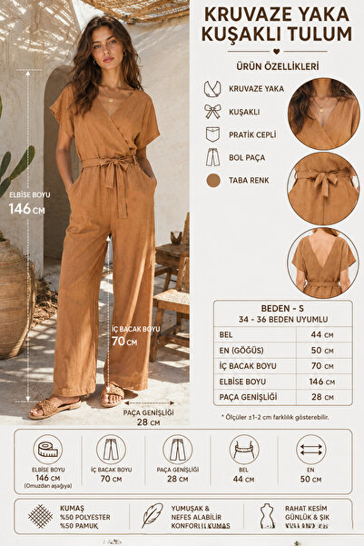 STYLENEST Kadın Taba Renk Kruvaze Yaka Kuşaklı Tulum
