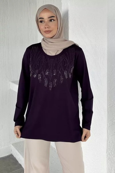 TOZLU Stoned Tesettür Mother's Combed Cotton Blouse