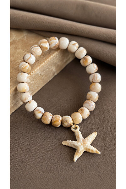 Dore Collection Cream Brown Beaded Starfish Elastic Bracelet Natural Stone Pa...