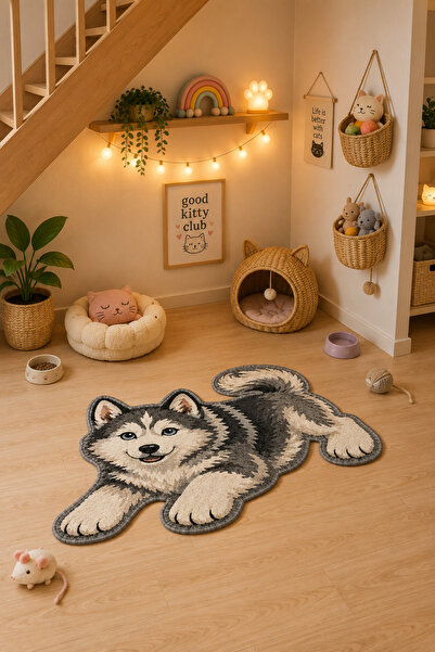 ZNG design home Sibirya Kurdu Husky figürlü Özel Kesim Asimetrik Dijital Bask...