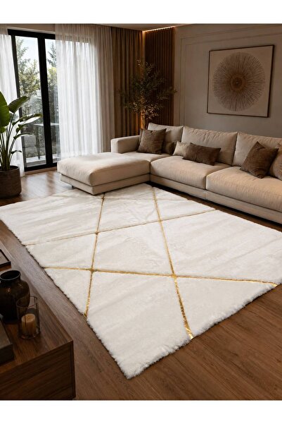 GOLD DETAYLI EKRU PELUŞ HALI