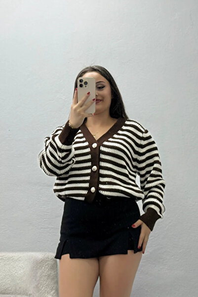BELENDİR Women's V-Neck Striped Cardigan Brown-Ecru