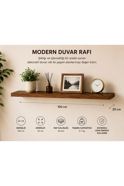 Genel Markalar Modern Duvar Rafı – 100×20 cm | Gizli Montajlı Dekoratif Raf