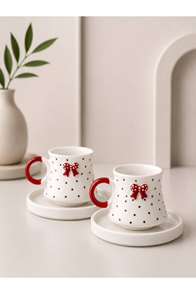 Si Sorti Ceramics Kırmızı Fiyonklu 2'li Türk Kahvesi El Yapımı Fincan Takımı