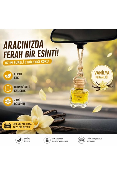 Vanilya Kokulu Askılı Araç Oto Parfümü 5 ml - Uzun Süre Kalıcı Cam Şişe Oto Kokusu - Dikiz Aynası Araç Kokusu