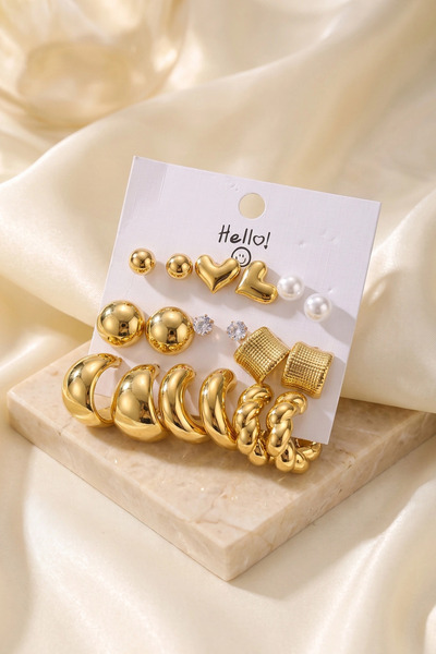 Generic Brand Gold Color Metallic Coated Mixed Model Detailed Ccb 9 Pair Earr...