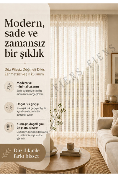 FİENS Kırık Beyaz Lüks Keten File Tül Perde - Pilesiz, Düz Dikim Kornişli - Ütü İstemez Ağır Gamajlı Kedi Dostu