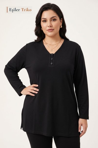 Eşiler Triko Women's Plus Size V-Neck 3 Button Classic Mom Combed Cotton Blouse