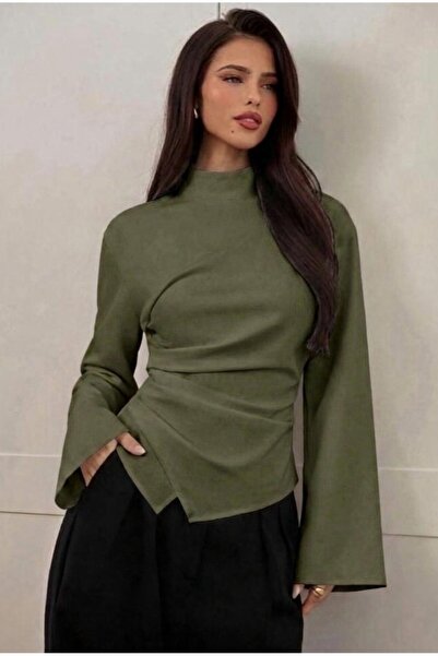 Moda Lounge Dik Yaka Drape Detaylı İspanyol Kollu Şık Bluz