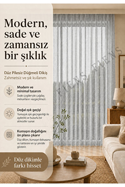 FİENS Gri Lüks Keten File Tül Perde - Pilesiz, Düz Dikim Kornişli - Ütü İstemez Ağır Gamajlı Kedi Dostu