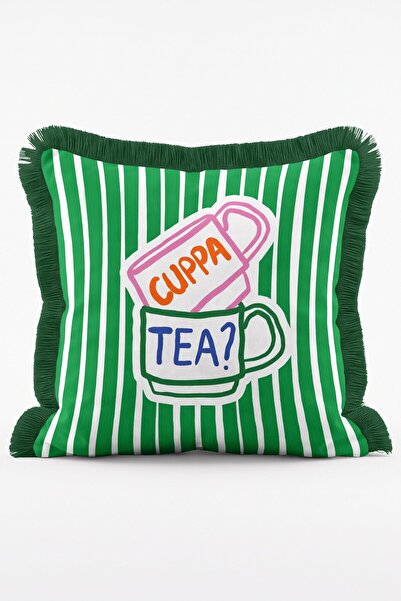 IdeCraft Retro Cuppa Tea Cup and Striped Patterned Fringed Cushion Cover