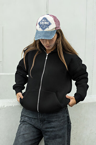 DI LORIA Kadın Siyah Kapüşonlu Fermuarlı Oversize Sweatshirt %80 Pamuk Cepli ...