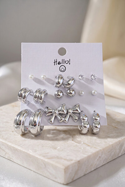 Lisinya Silver Color Metallic Coated Bow Detailed Ccb 9 Pair Earring Set -