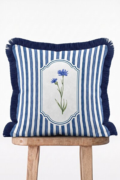 IdeCraft Retro Blue Striped Botanical Cornflower Patterned Fringed Throw Pill...
