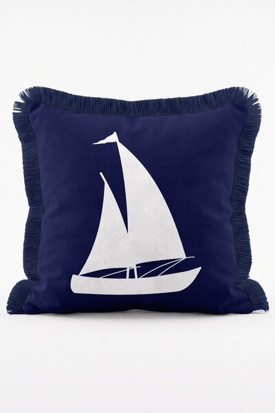 IdeCraft White Sailing Patterned Navy Blue Floor Marine Decorative Fringed Th...