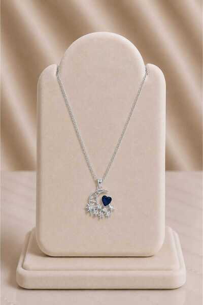 mdm style Silver Color Steel Necklace with Navy Blue Heart, Moon and Star Fig...