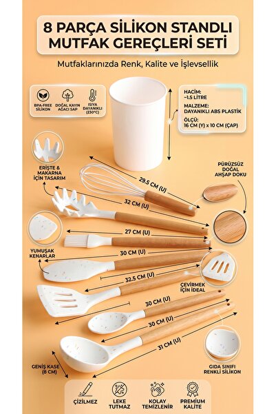 RİVO HOME DECOR 8 Parça Silikon Mutfak Gereçleri Seti Doğal Ahşap Saplı Çizil...