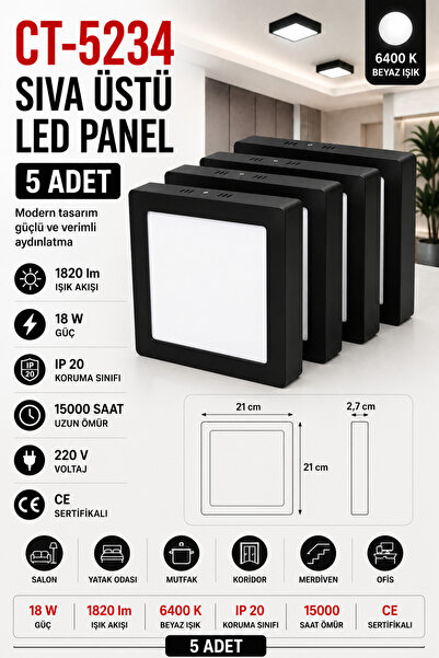 Yenilig 5 Adet CT-5234 Sıva Üstü Kare LED Panel 18W 6400K Beyaz Işık Siyah Ka...