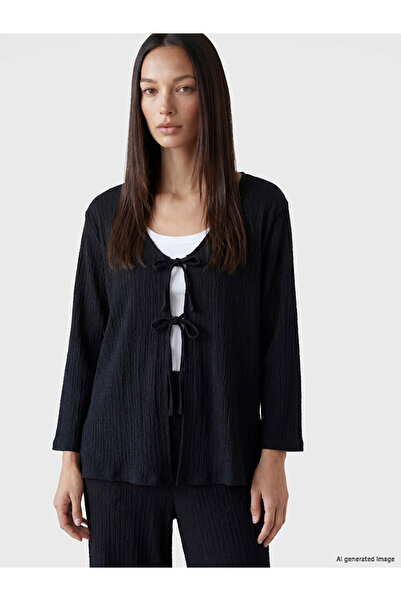LC Waikiki Vizyon New Season Black V-Neck Tie-Down Textured Women's Cardigan
