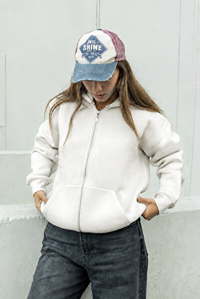 DI LORIA Kadın Beyaz Kapüşonlu Fermuarlı Oversize Sweatshirt %80 Pamuk Cepli ...