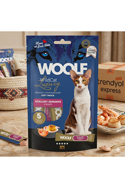 Woolf Wildcat مكافآت كريمية فاخرة ومكملة للقطط بنكهة الإسكلوب والروبيان
