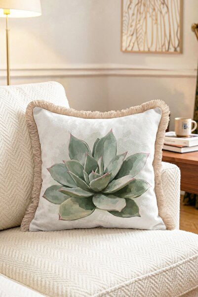 IdeCraft Bohemian Succulent Motif Fringed Cushion Cover Green Botanical Livin...