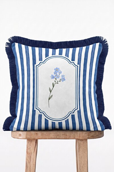 IdeCraft Vintage Striped Forget Me Not Flower Motif Elegant Fringed Throw Pil...