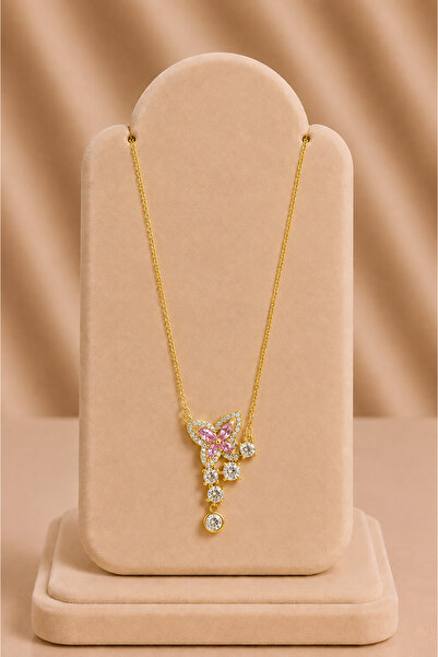 mdm style Gold Necklace with Pink Stone and Butterfly Figure