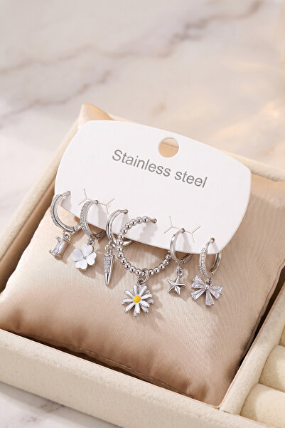 Lisinya 316L Steel Silver Color Daisy Model Detailed Women's Earring Set -