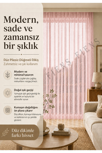 FİENS Pudra Lüks Keten File Tül Perde - Pilesiz, Düz Dikim Kornişli - Ütü İstemez Ağır Gamajlı Kedi Dostu