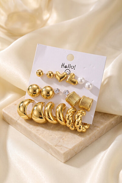 Lisinya Gold Color Metallic Coated Mixed Model Detailed Ccb 9 Pair Earring Set -