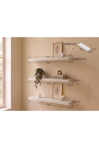 woodline UÇAN DUVAR RAFI 3'LÜ 50X12 BEYAZ MDF