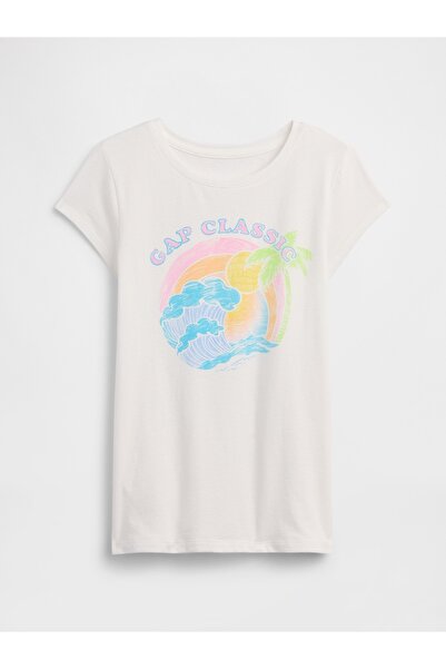 GAP Kız Çocuk Kırık Beyaz Grafik Baskılı T-Shirt