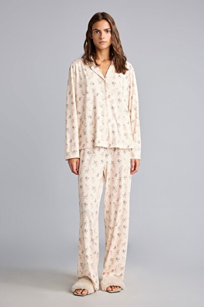 DeFacto Regular Fit Floral Long Sleeve Top Wide Cut Bottom 2-Piece Pajama Set...