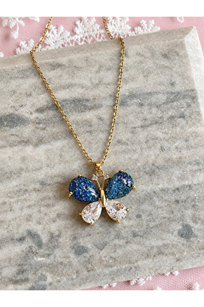 FLAWSOME JEWELRY STORE Butterfly Blue Zircon Stone Steel Tarnish-Resistant Ne...