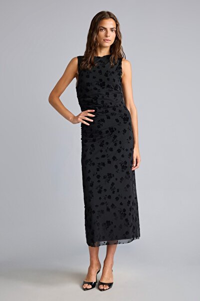 DeFacto Crew Neck Floral Shirred Tulle Sleeveless Midi Dress I6281Ax26Au
