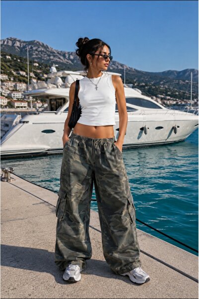 eyonnwear Kadın Y2K Tarz Extra Salaş Kamuflaj Desen Bol Paça Kargo Pantolon