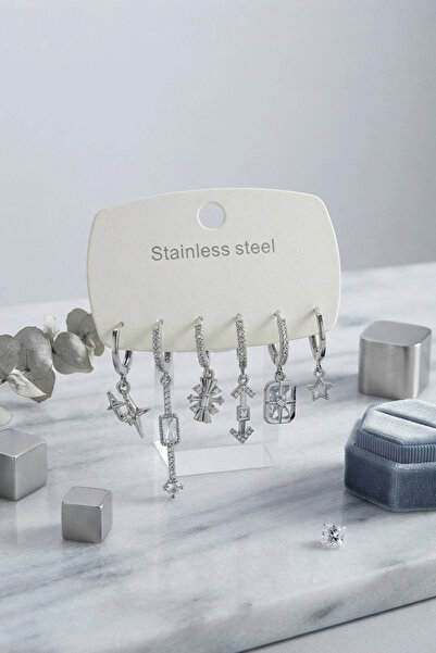 shopwave Krm 316L Steel Silver Color Geometric Figure Women's Earring Set Krm
