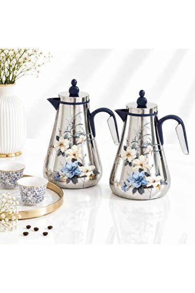 laverahome طقم ترامس قهوة وشاي فاخر بنقوش زهور زرقاء – ستانلس ستيل بتفاصيل كحلية